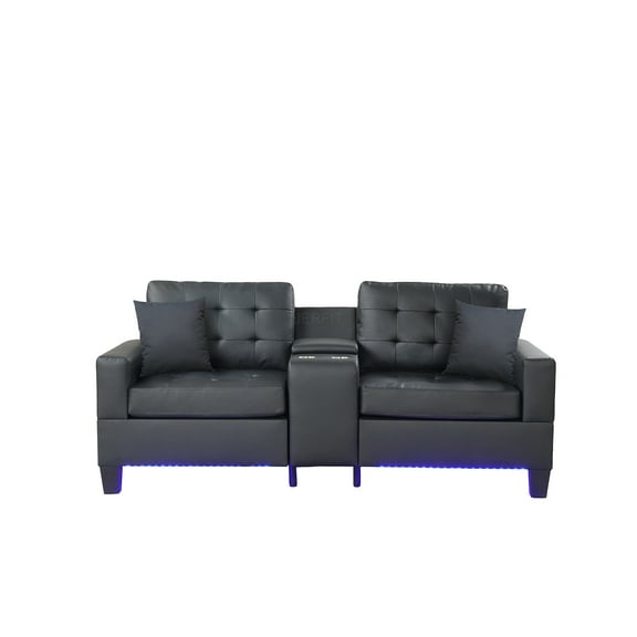 JERFIT 85 Inch Modern LED Sofa with USB Chargers, Storage Console & Cup Holders, Black Fabric Loveseat