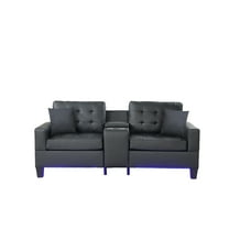 JERFIT 85 Inch Modern LED Sofa with USB Chargers, Storage Console & Cup Holders, Black Fabric Loveseat