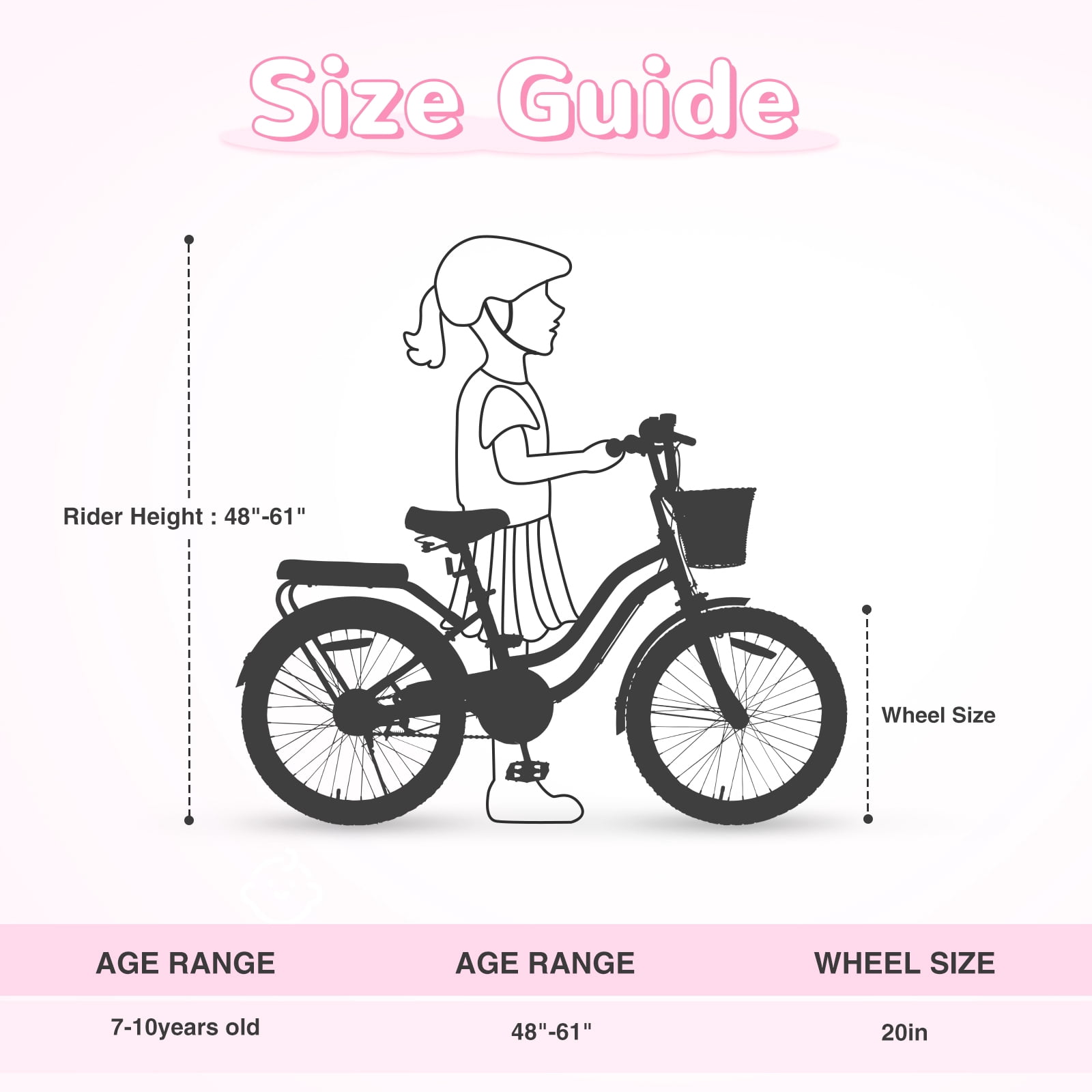 Aukfa 20" Girls Bike for Ages 7-10, Carbon Steel Frame Kids Bicycle,Woven Basket and Dual Brakes, Pink