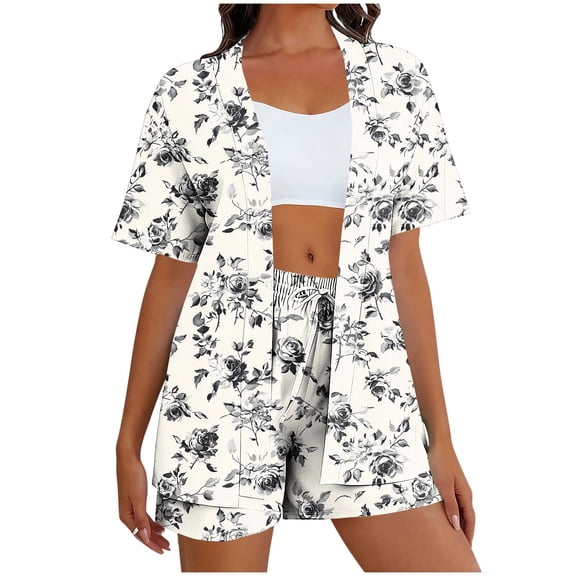 Two Piece Sets for Women Summer Printed Floral Two Piece Matching Vacation Sets Short Sleeve Open Front Top and Shorts Travel Outfits