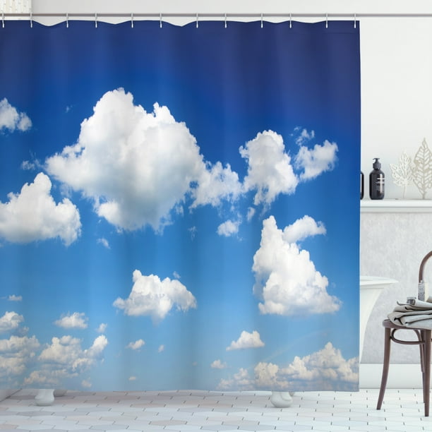 Blue Sky Shower Curtain, Fluffy Cloudscape in Irregular Shapes Clear