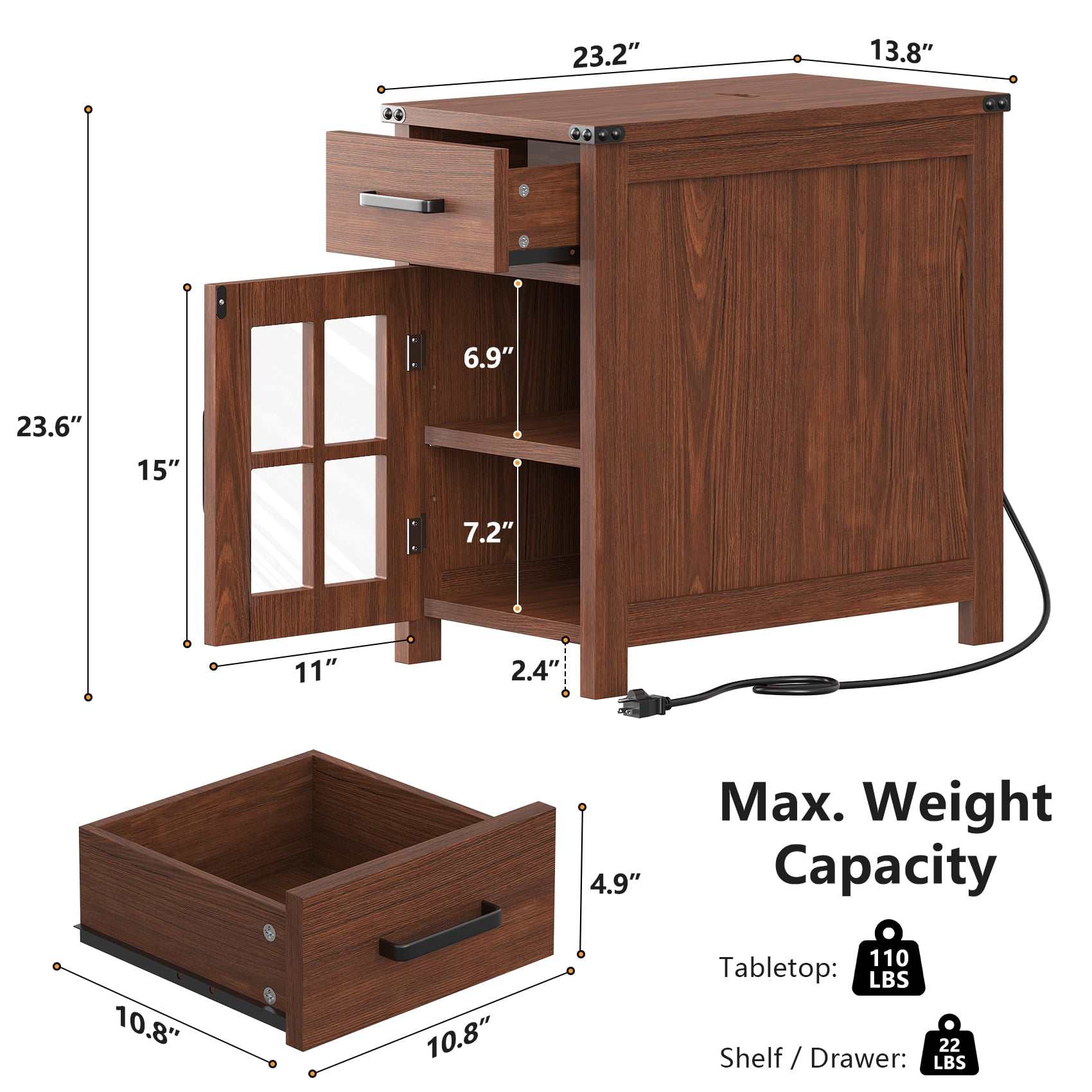Winkalon Farmhouse End Table with Charging Station, Sofa Side Table with Drawer and Storage Cabinet, Small Nightstand for for Living Room, Bedroom