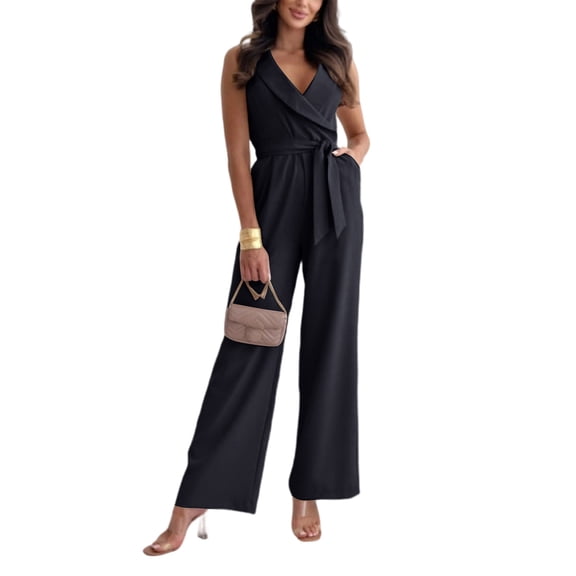 Women's Sleeveless V-Neck Wide Leg Jumpsuit with Belted Waist Elegant Dressy Casual Outfit