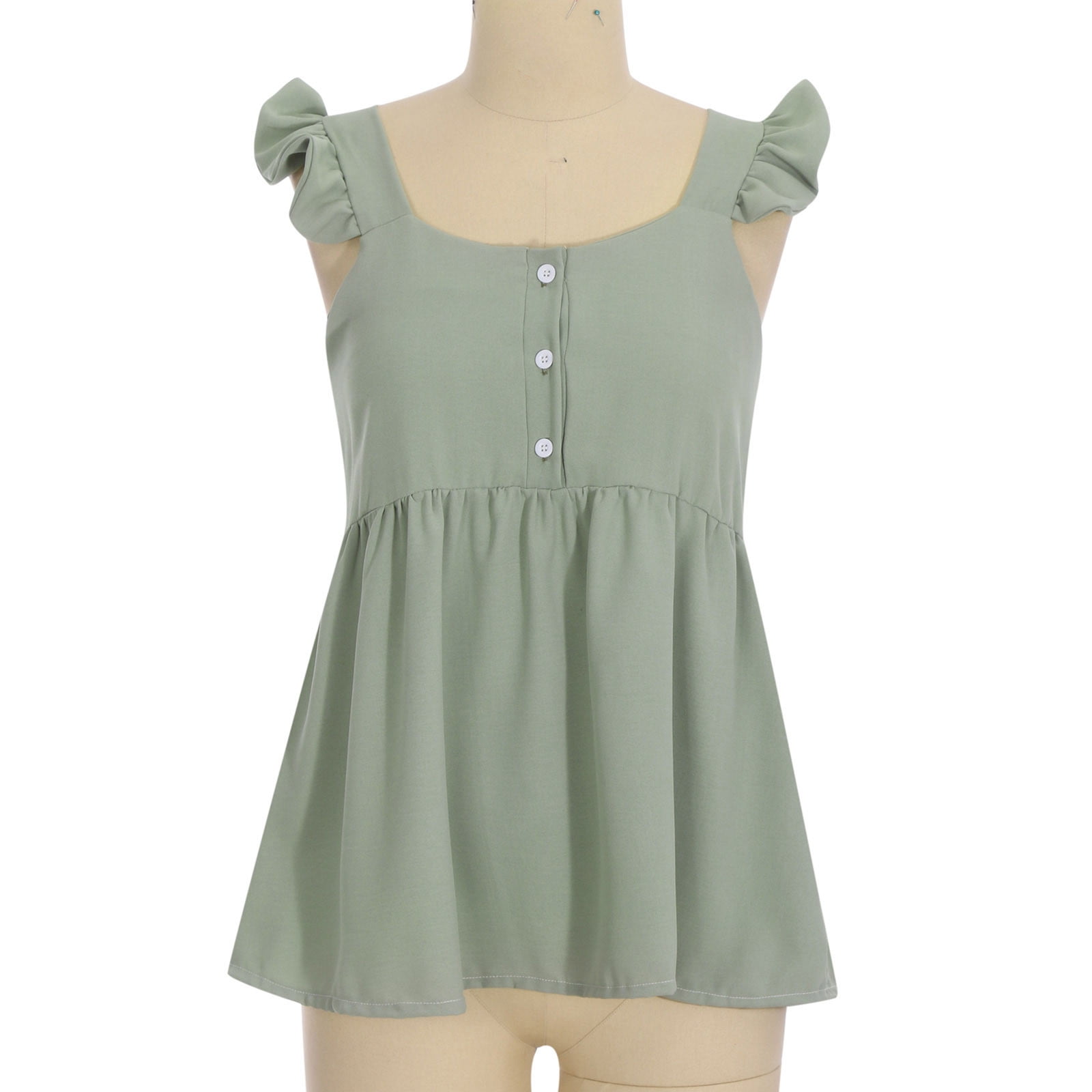 Womens Ruffles Strap Tank Top Solid Color Square Neck Flowy