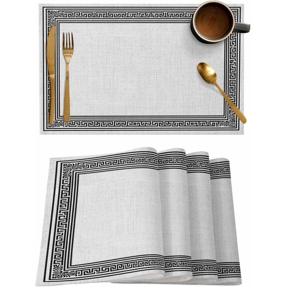 Gray Geometric Placemats Set of 6, Black Greek Key Design Placemats for Dining Table, Burlap Place Mats for Kitchen Tabletop, Modern Art Waterproof Wipeable Dining Table Mats Set