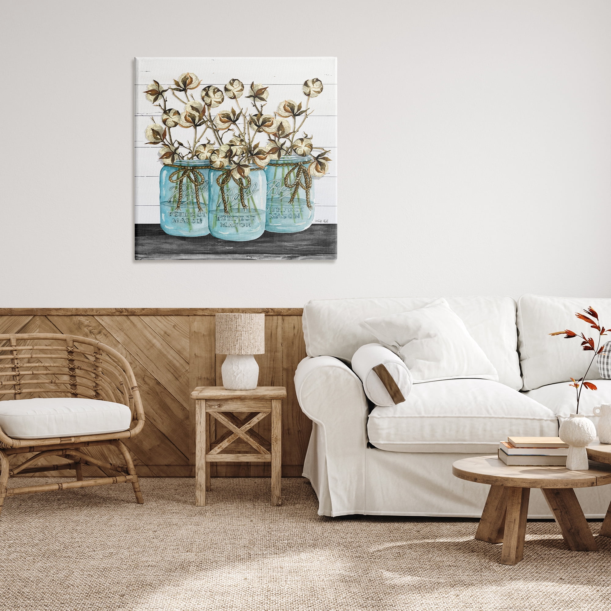 Stupell Industries Cotton in Rustic Jars Botanical & Floral Painting Gallery Wrapped Canvas Art Print Wall Art, 36 x 36