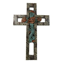 Rustic Western Faux Wooden Turquoise Roses Floral Motif Layered Wall Cross Decor