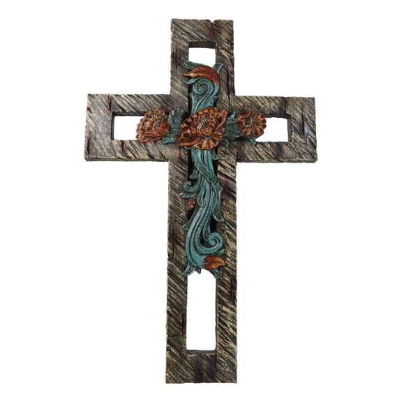 Rustic Western Faux Wooden Turquoise Roses Floral Motif Layered Wall Cross Decor