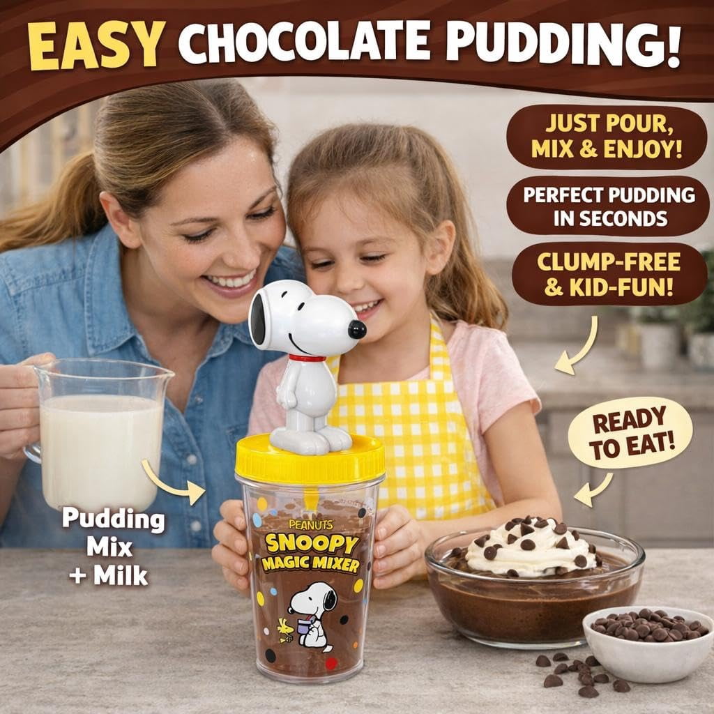 Peanuts Snoopy Magic Mixer® - Official Birthday Gift for Kids Ages 3-10 | Bladeless, Auto-Start, Hands-Free | Safe, Quiet, BPA-Free | Makes Chocolate Milk and Pudding.
