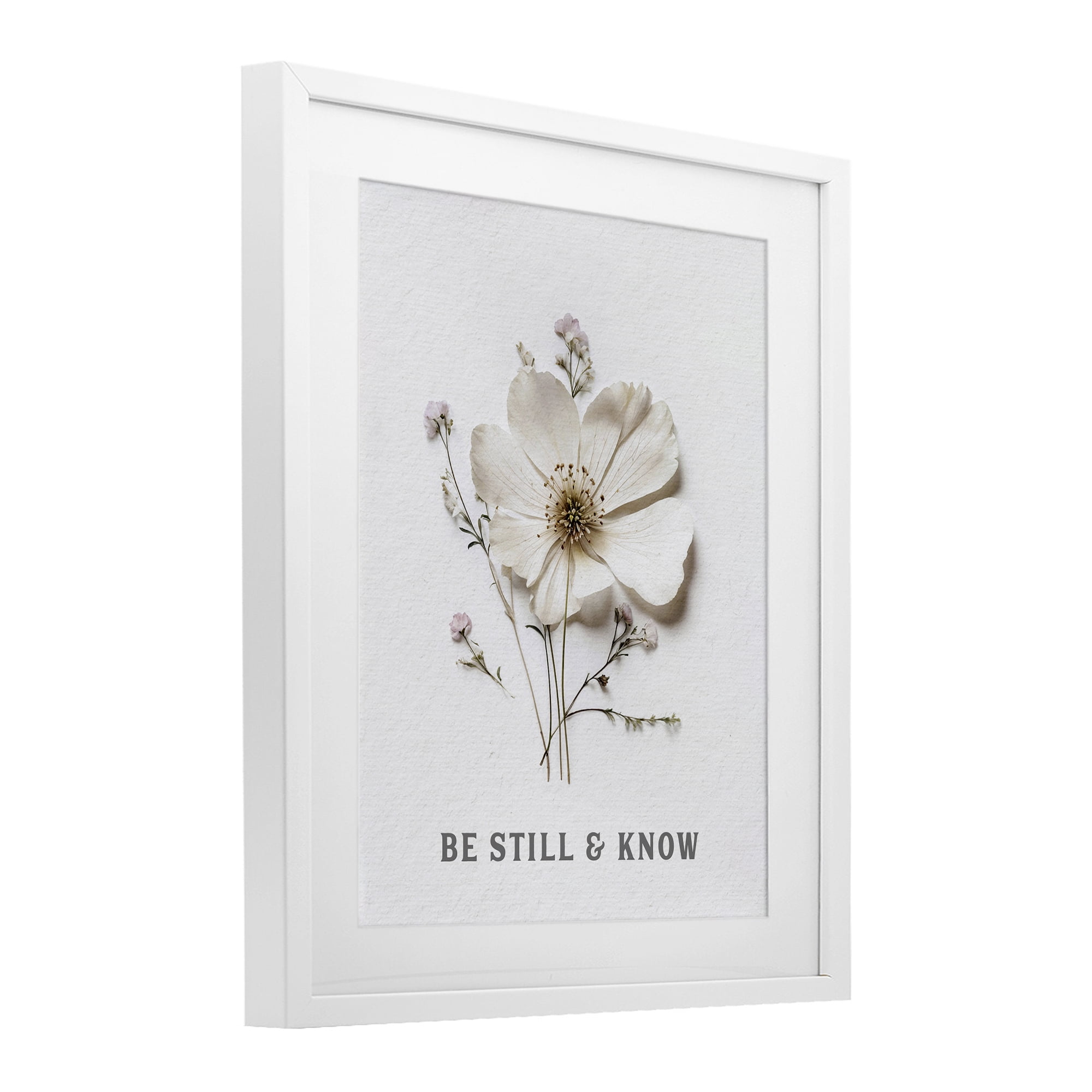 Be Still & Know Pressed Flowers White Framed Print Under Glass, design by Lettered and Lined