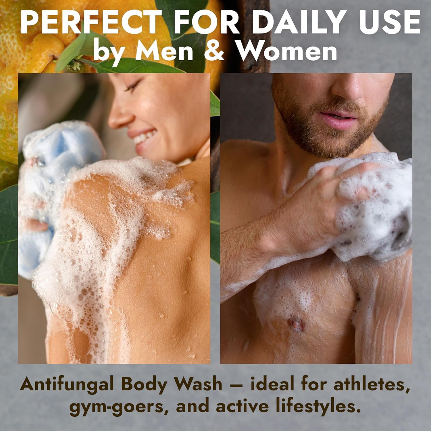 Antifungal Body Wash with Tea Tree Oil & Lemon Oil | 1% Tolnaftate Antifungal Soap Helps Fight Ringworm, Jock Itch & Athlete’s Foot | Medicated Citrus Body Wash Includes Silicone Scrubber | 16.9 oz