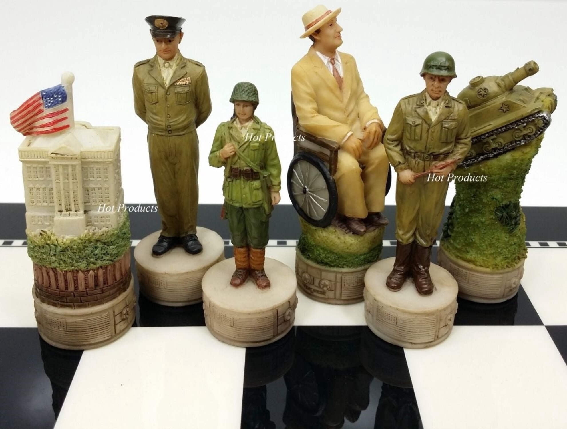 World War 2 US GERMANY Chess Set W/ 15" BLACK  WHITE GLOSS BOARD WW2
