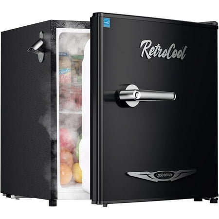 Upstreman 1.7 Cu.Ft Retro Mini Fridge, Low Noise, Energy Saving, Adjustable Thermostat, Single Door, Side Bottle Opener, Metal Handle, Compact Refrigerator for Office, Bedroom, Dorm-FR17 PRO (Black)