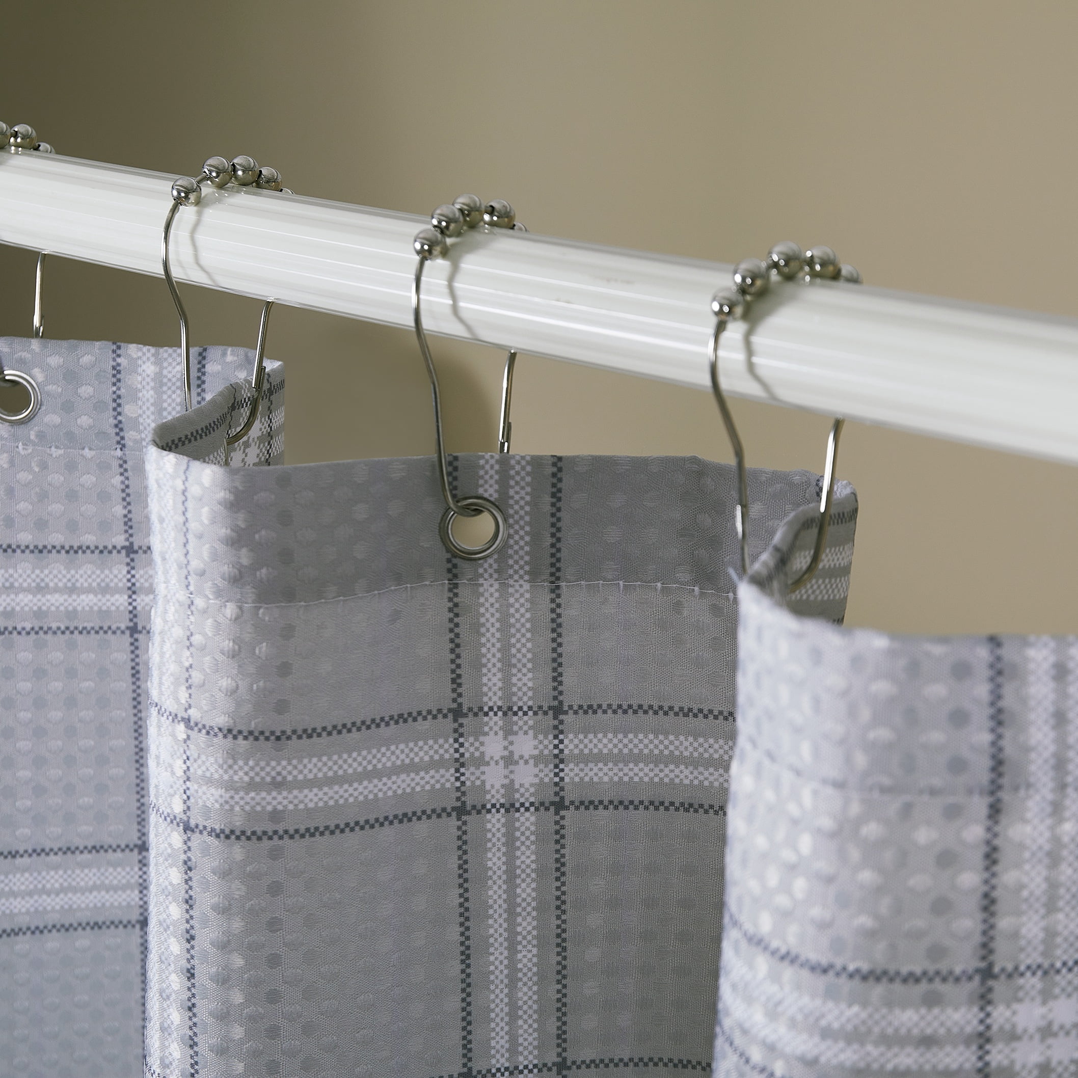 Chaps Shower Curtains with Hooks - Linen Textured Waterproof Curtain 10 Easy-slide Hooks - Gray Plaid - Size 72 x 72"