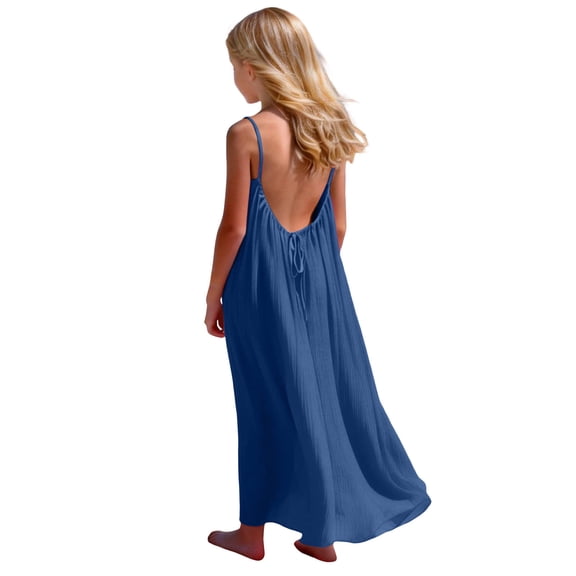 Fesfesfes Girls Back Drawstring Suspender Dress Casual Loose Fit Solid Color Fashion Cute Kids Dress for Beach Birthday Party Wedding Holiday Photo(Blue,7-8 Years)