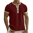thumbnail image 3 of UVEASISHA Mens Linen Henley Shirt Short Sleeve Button Up Collarless T-Shirts Summer Regular Fit Beach Shirt Casual Vacation Hippie Tshirts Wine 3XL, 3 of 7