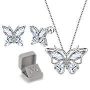 April Birthstone Jewelry Diamond White Butterfly Jewelry Set Fine Necklace Earrings Sterling Silver Women Birthday Wedding Mother's Day Gifts
