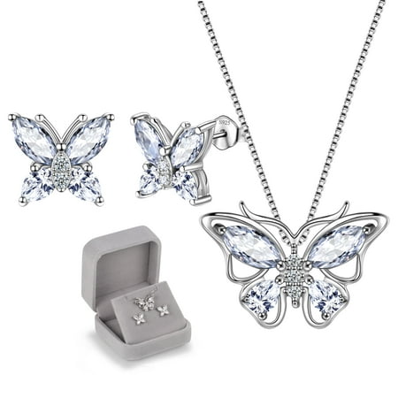 April Birthstone Jewelry Diamond White Butterfly Jewelry Set Fine Necklace Earrings Sterling Silver Women Birthday Wedding Mother's Day Gifts