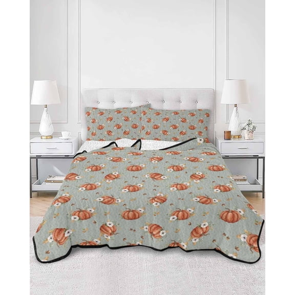 Quilts Full Size, Pumpkins Fall Soft Comforter Bedding Set for Bed, Thanksgiving Harvest Botanical Grey Green Lightweight Quilted Bedspread with Pillow Cover(2 Pieces) for All Season, 78x90 Inch