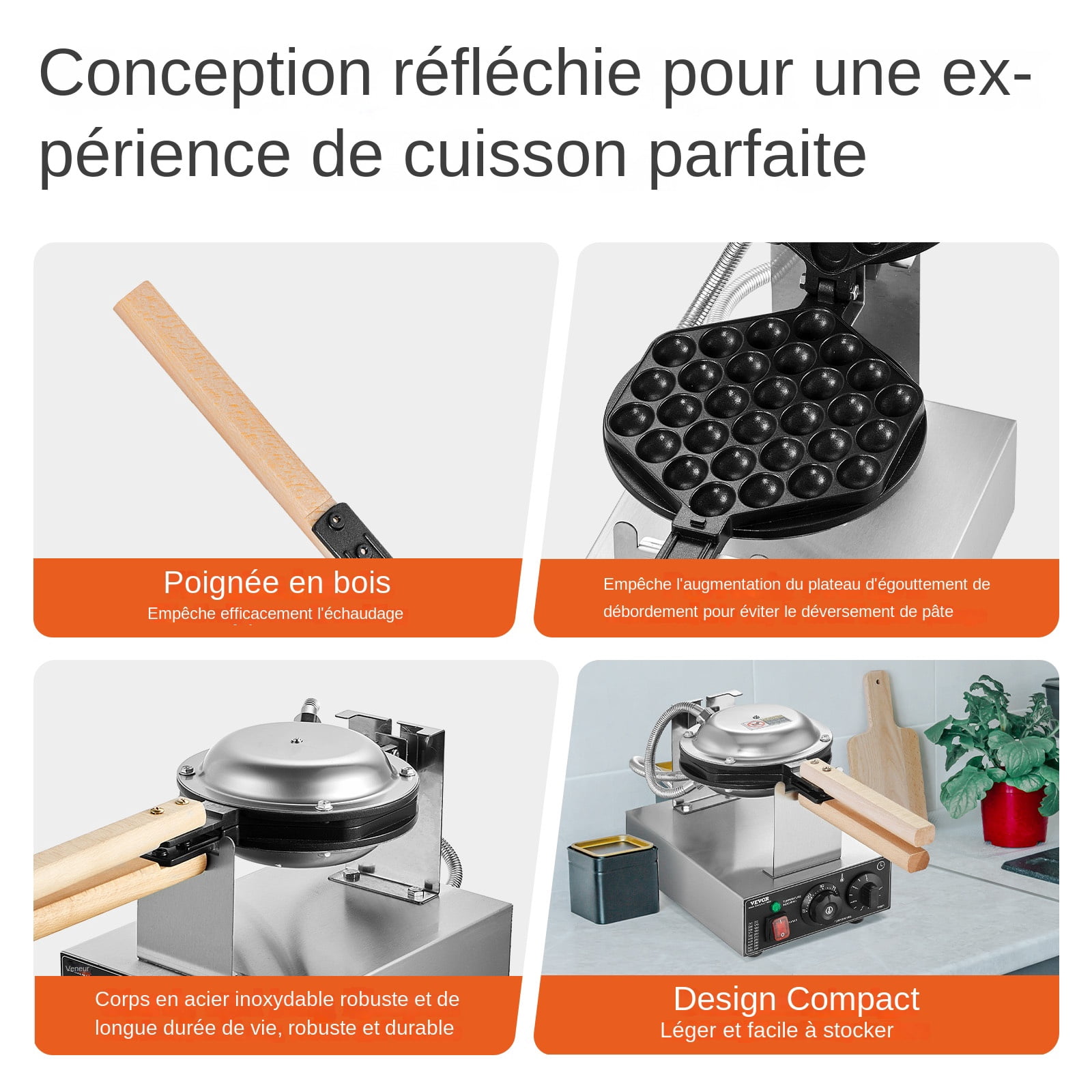 VEVOR Commercial Bubble Waffle Maker, 1400W Egg Pancake Baker Machine, Non-Stick Stainless Steel Egg Bubble Puff, 180° Rotatable, Temp and Time Control, Wooden Handle, for Restaurant Bakery Snack Bar