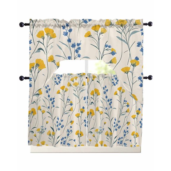 Yellow Blue Flowers Kitchen Curtains Swag Valance and Tier Curtains Set 36 Inch Length, Spring Botanical Wild Floral Rustic Rod Pocket Drape Panels Pair Swag Curtain for Bathroom/Cafe/Window