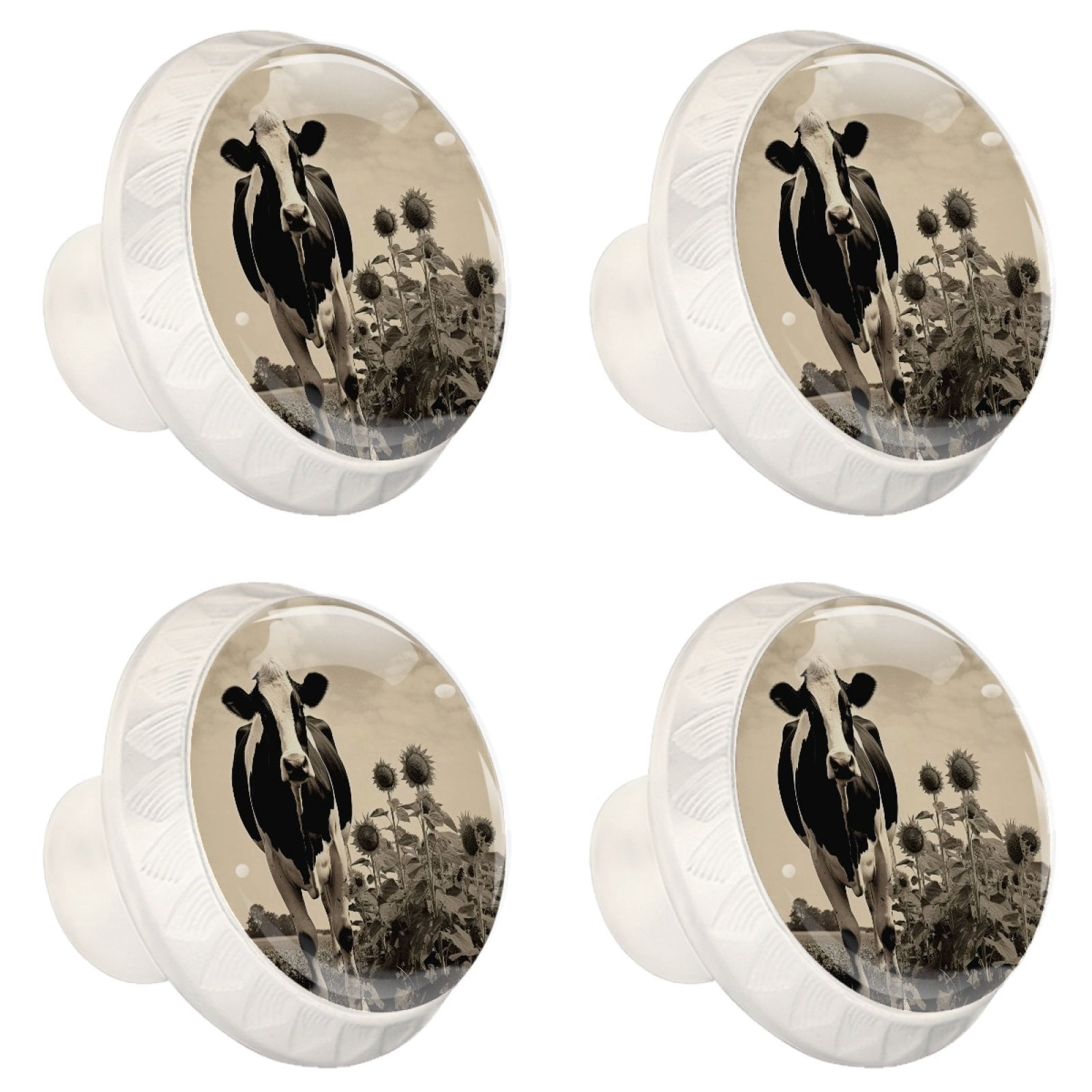 4 Pcs Cow and Sunflower Knobs for Kitchen Cabinet Cupboard Dresser Bookcase Drawer Pulls Handles Round Home Decor