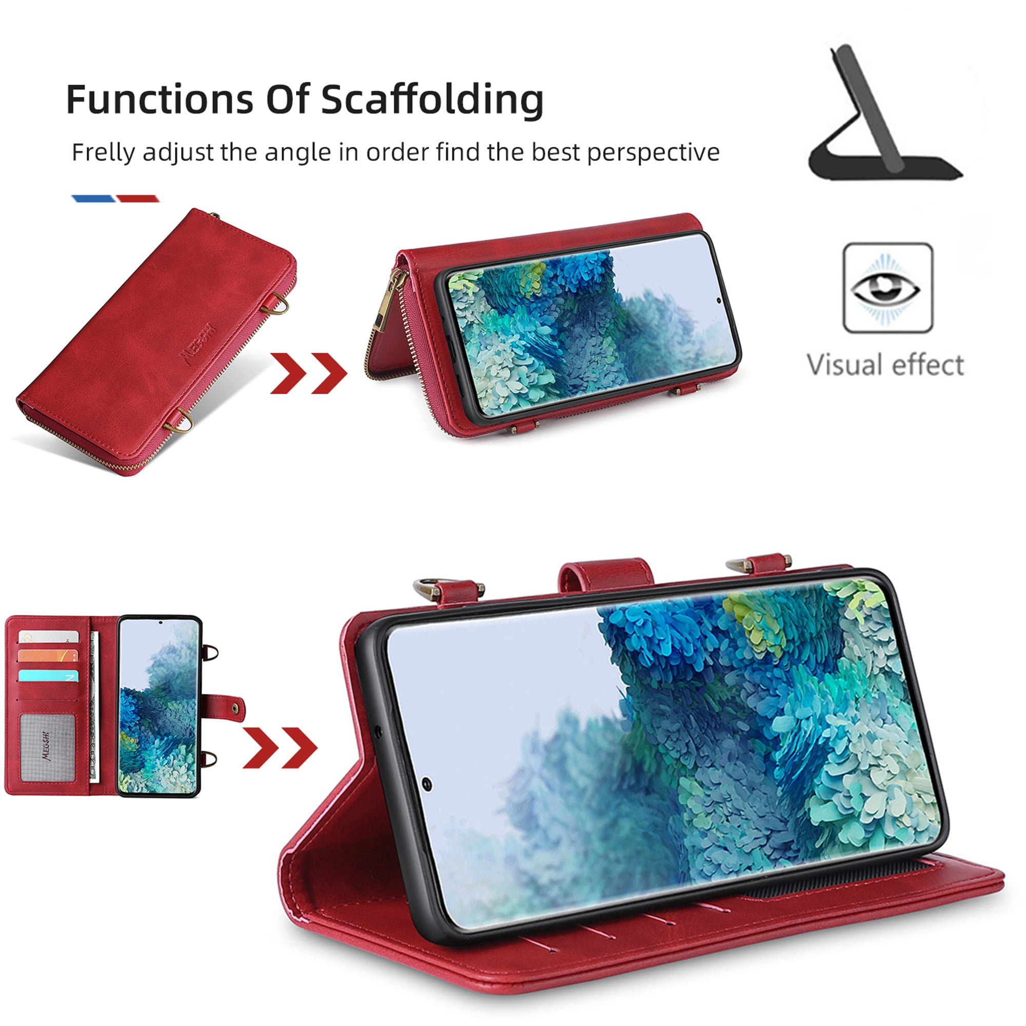 Samsung Galaxy S20 FE 5G Wallet Case, Dteck 2 in 1 Magnetic Detachable Wallet Purse [Crossbody Chain] Durable PU Leather Zipper Handbag Folio Flip Card Slot Protection Back Cover, Red