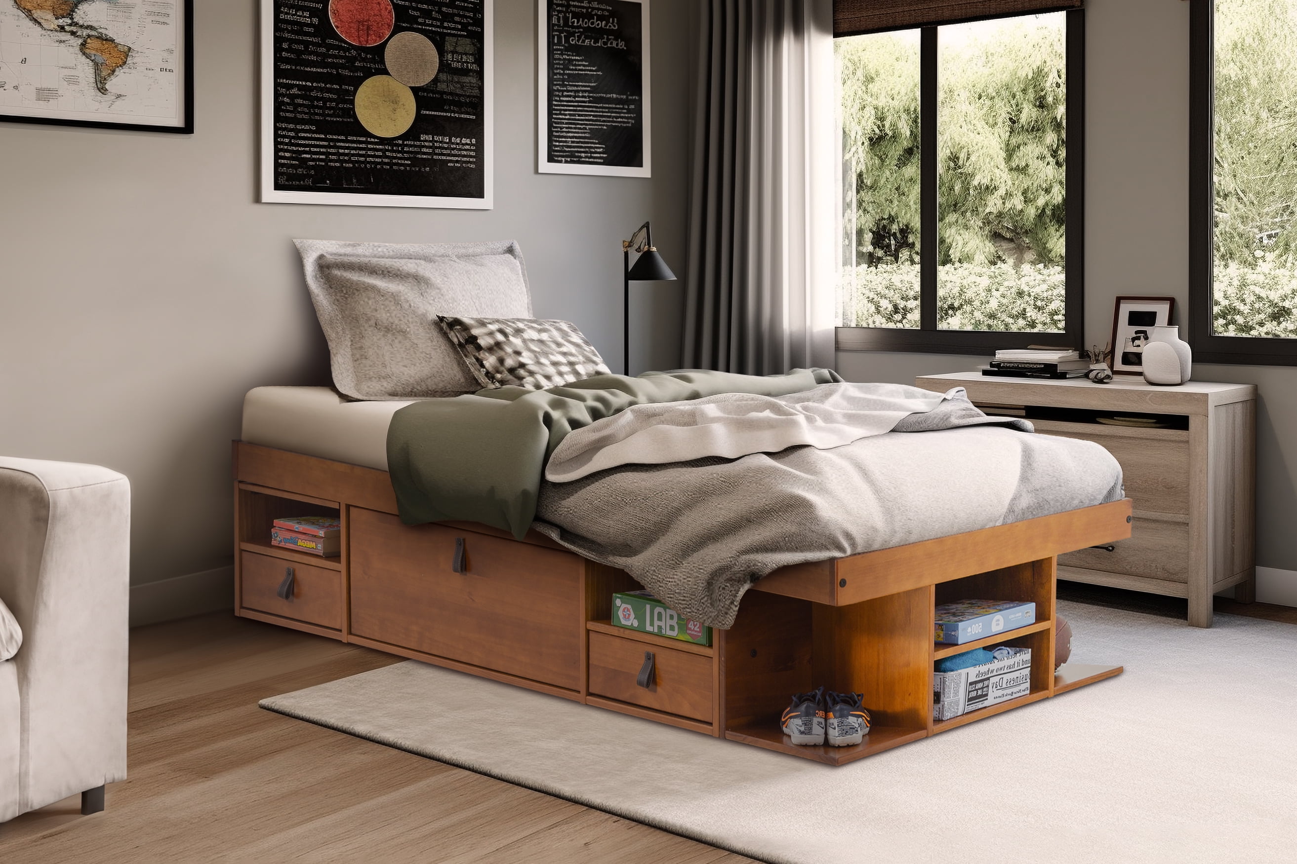 Memomad Bali Twin Size Storage Platform Bed with Drawers, Oak