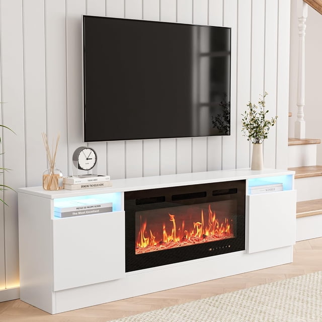 TV Stand with Storage Plac for TV Up to 55 Inche, Modern Entertainment Center with Storage Cabinet, Fits into 36'' Electric Fireplace, White (Not Include Fireplace)