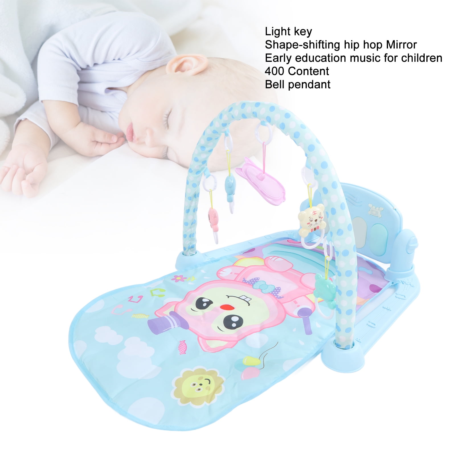M Buder Baby Gym Play Mat, 3-in-1 Infant Activity Center with Musical Piano, Kick and Play Tummy Time Padded Toy, Blue (17.32 in / 44 cm)