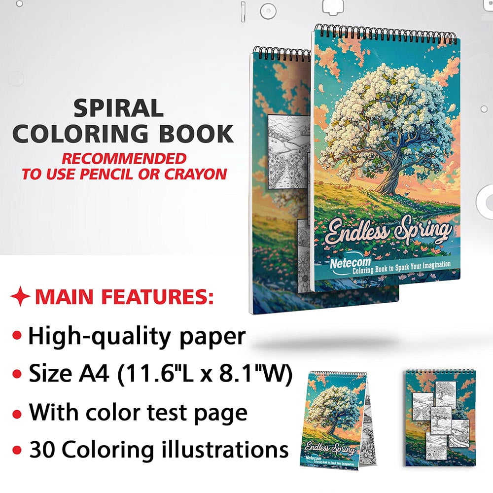 Netecom Endless Spring Coloring Book for Adults, Spiral Bound, Soft Cover