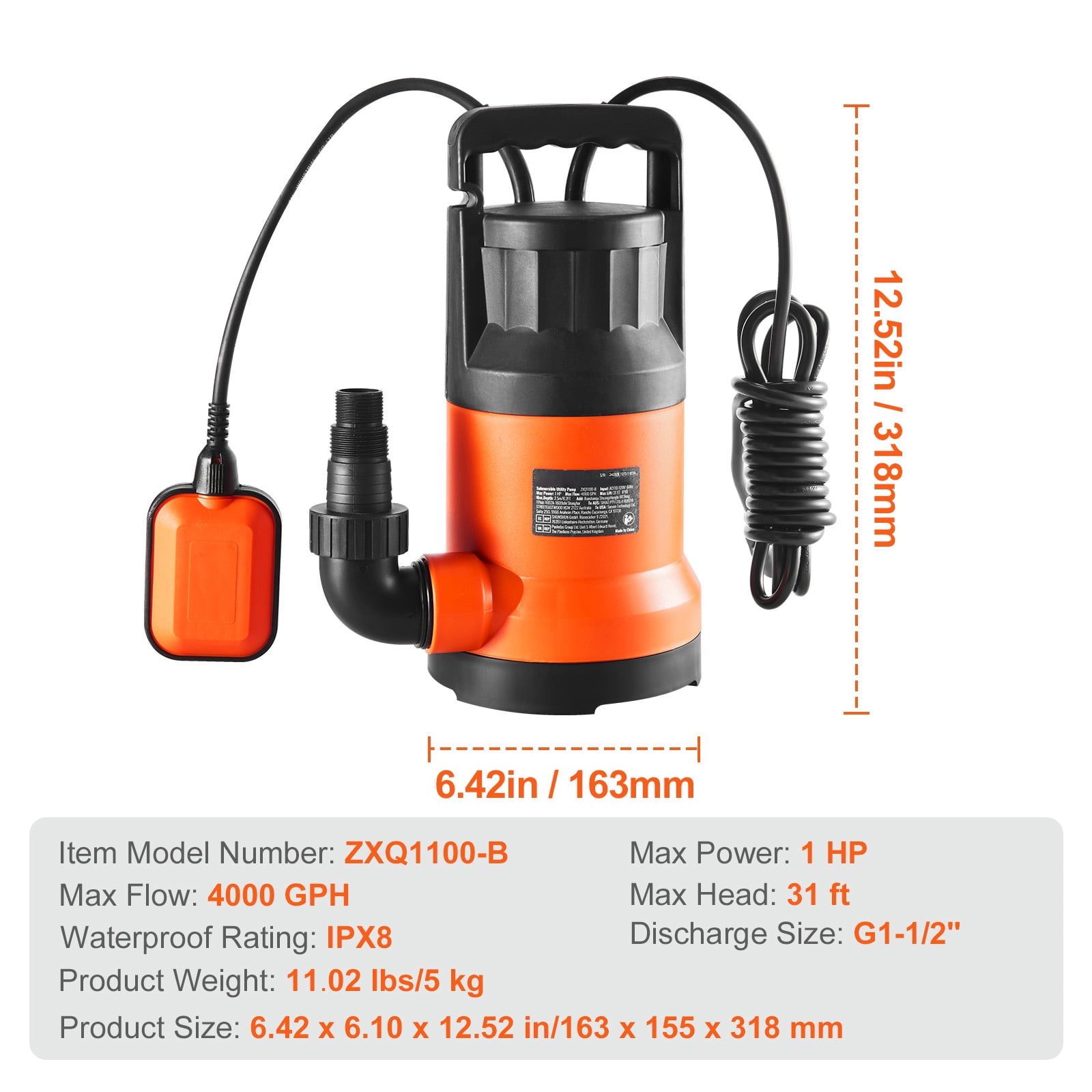 KFFKFF Water Removal Pump, 1 HP Power, 4000 GPH Flow Rate, 31 ft Max Lift, Submersible Sump Pump with 10 ft Power Cable for Pool, Garden Pond, and Basement Draining
