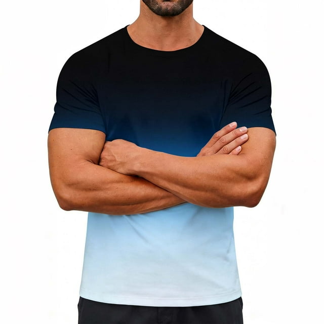 Ceisia Men's Slim Fit Dark-to-Light Blue Gradient Print Crew Neck T-Shirts, Breathable Stretch Casual Sports Tops Gifts