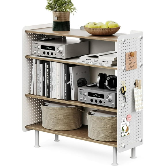 Fenge 4 Tier Bookshelf, Modern Open Bookcase with Pegboard, 32.1 Inches Small Book Shelf Storage Organizer with Adjustable Shelves for Living Room, Bedroom, Home Office