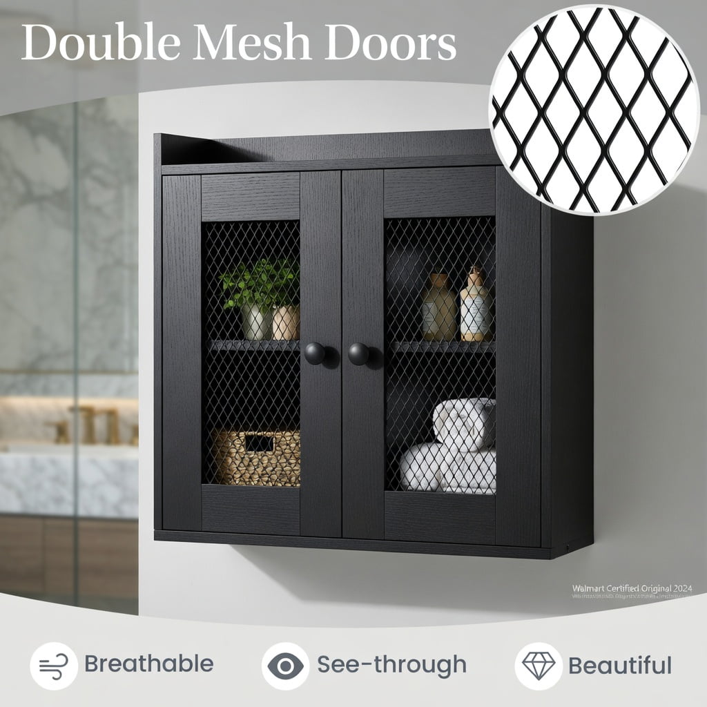 Hommoo Over-the-Toilet Storage Cabinet with Heavy-Duty Metal Frame, Farmhouse Freestanding Bathroom Organizer Adjustable Shelves, Wall-Safe Anti-Tip Design, Black