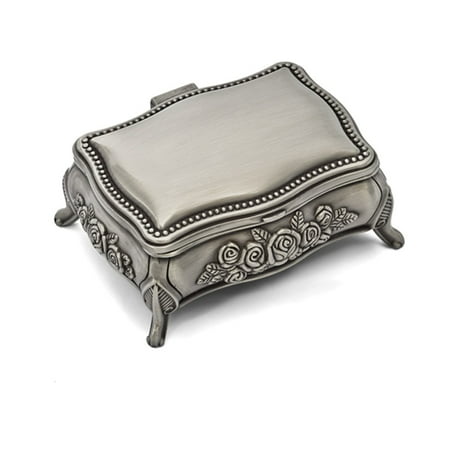 Pewter-tone Finish Rectangle Rose Jewelry Box