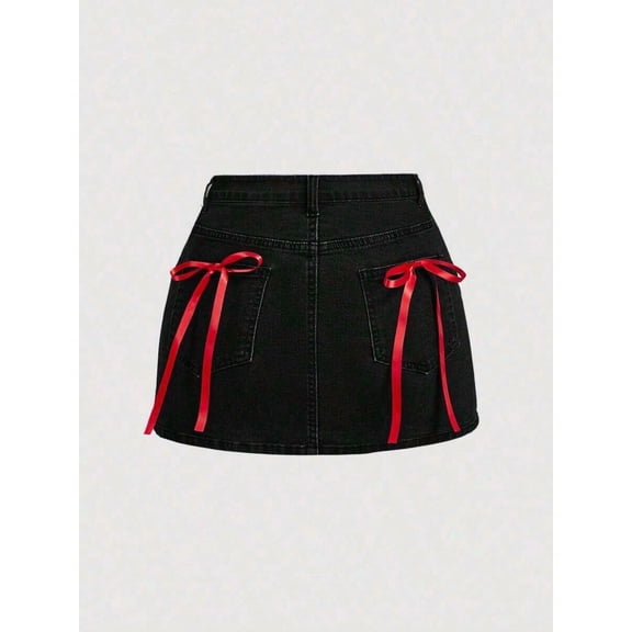 Black 3 Bow-Trimmed Denim Mini Skirt With Red Ribbon Detail