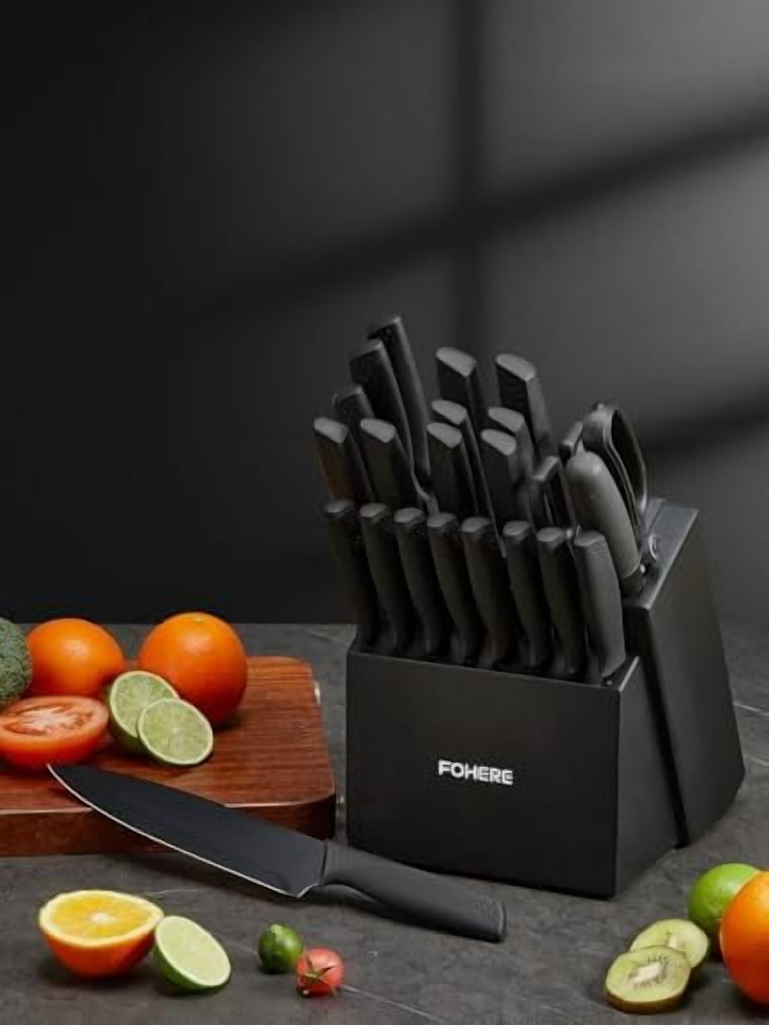 Knife Set23 Pieces Kitchen Knives Set with Block High Carbon Stainless Steel Self-Sharpening Knife Block Set with Built-in Sharpener and Wooden Block with Cheese and Pizza Knife, Black