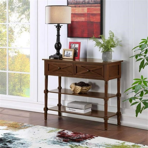 Pemberly Row Farmhouse 2 Drawer Console Table Espresso Wood Finish