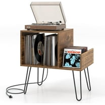 GOFLAME Record Player Stand, Turntable Stand with Charging Station, Vinyl Storage End Table with Metal Legs, Mid-Century Record Player Table for Study, Bedroom, Living Room, Rustic Brown
