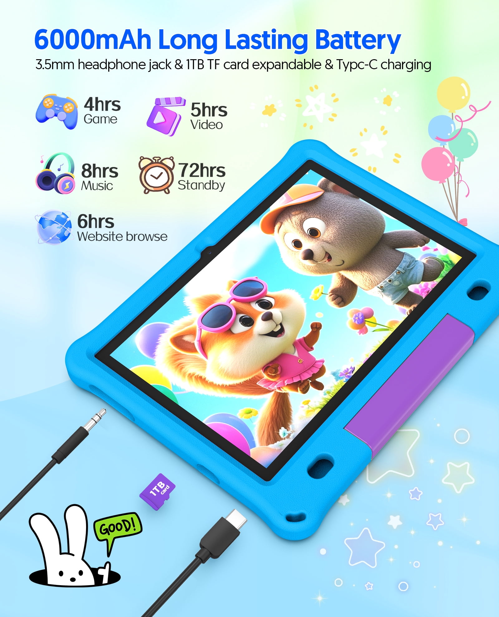 FITIFUN 10.1 inch Kids Tablet Android 15, 3GB RAM 64GB ROM 1TB