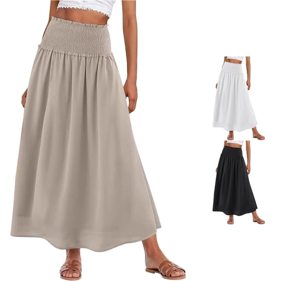 Jane Wardrobe Smocked Ruffle Elastic High Waist Solid Satin A-Line Midi Skirt Women Matte Spandex Flowy Casual Long Skirt 1PC S-XXL Plus Size Friendly