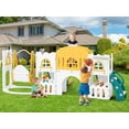 thumbnail image 4 of JOYLDIAS 10 in 1 Toddler Slide and Swing Set,Double Kids Climber Slide Playset for Age 1-3 w/Basketball Hoop,Telescope,Tunnel,Storage Space,Indoor Outdoor Backyard Playground Toys(Yellow & Green), 4 of 18