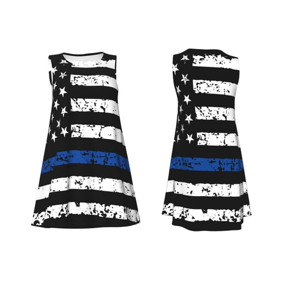 Horeoi Thin Blue Line Flag Print Women's Sleeveless Dress Cotton-like Flared Hem Deep Side Pockets Above-Knee