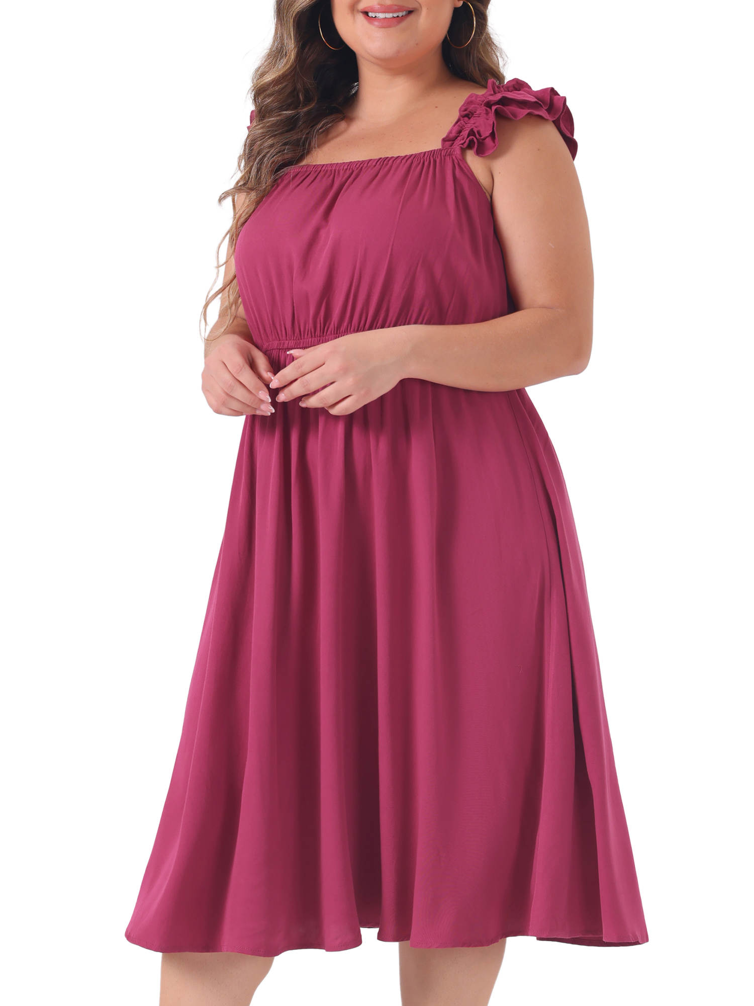 DARING DIVA Plus Size Ruffle Cap Sleeve Shirred Waist A Line Dress 3X Hot Pink