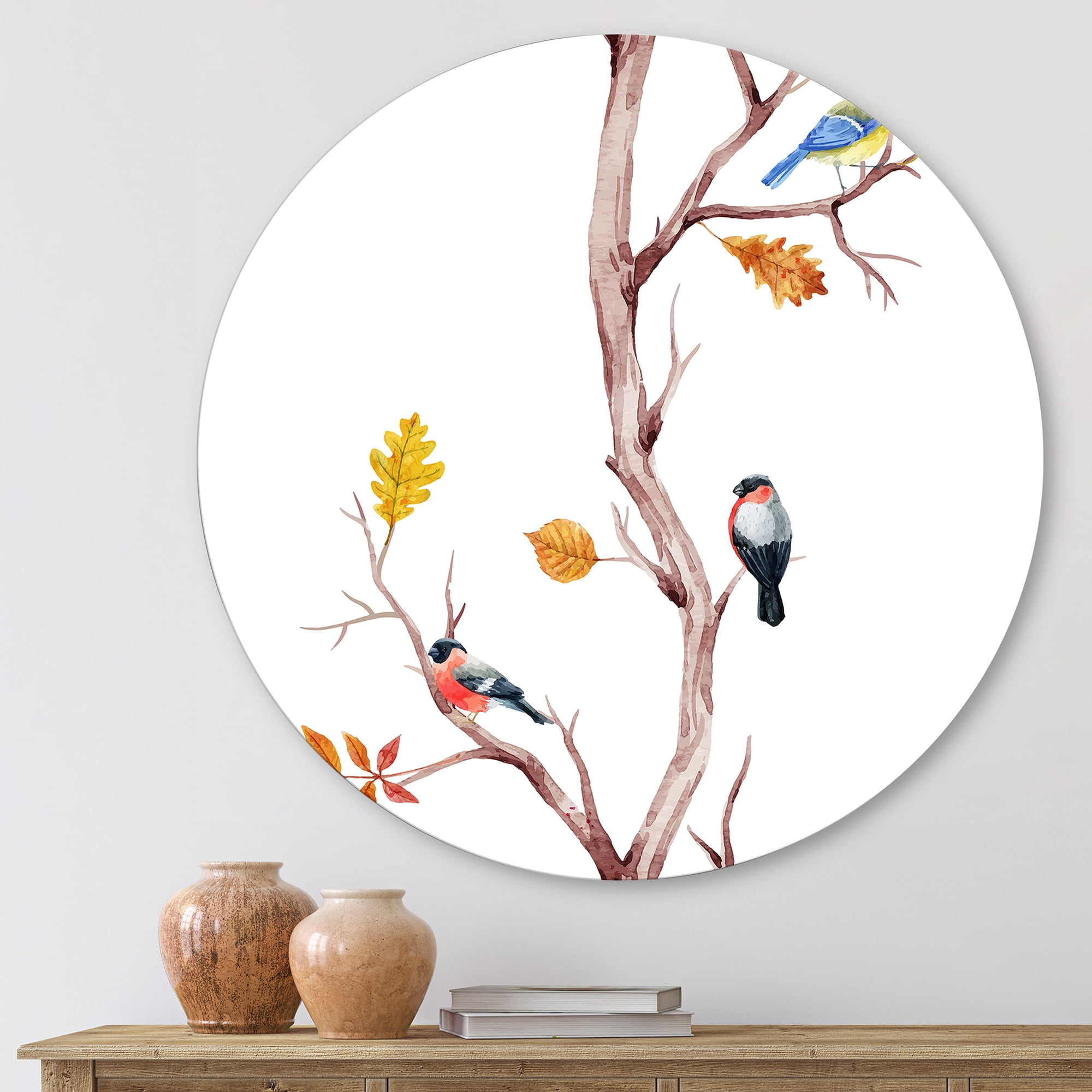 Designart 'Little Birds Sitting On The Tree Branches IV' Traditional Circle Metal Wall Art 23x23 - Disc of 23