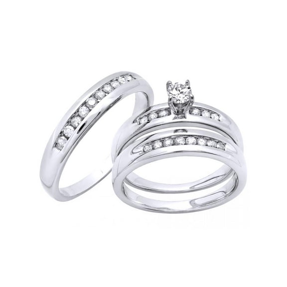 AFFY White Natural Diamond Solitaire Wedding Trio Ring Set In 14k White Gold (0.63 Cttw)