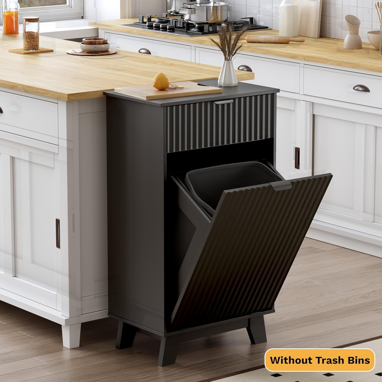 FANRAL Single Tilt Out Laundry Hamper Cabinet,10 Gallon Wooden Hidden Storage Cabinet,Fluted Trash Can for Bathroom Kitchen Living Room,Black Laundry Basket Cabinet
