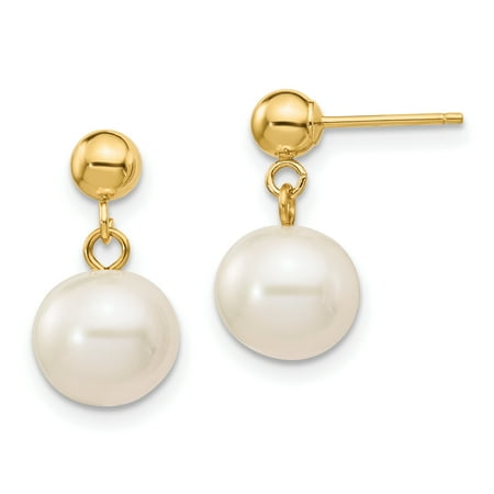 14k Yellow Gold 8 8.5mm White Round Freshwater Cultured Pearl Drop Dangle Chandelier Post Stud Earrings
