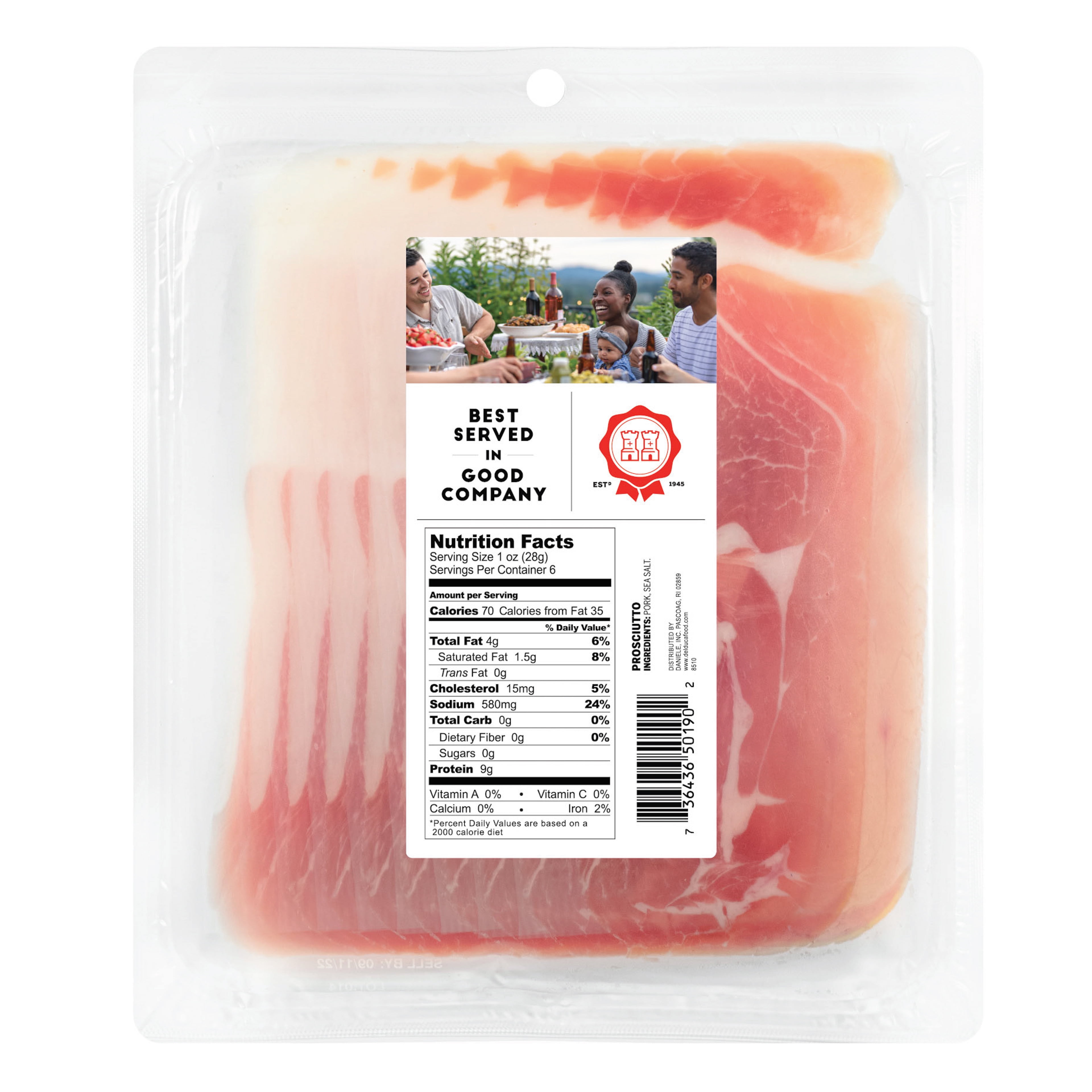 Del Duca, Dry Cured Prosciutto, Sliced Pork Deli Charcuterie Meat, 6 oz Plastic Tray, Serving Size 1 oz, 9 Grams of Protein per Serving
